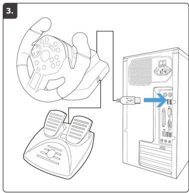 Diagram showing a hand operating a car steering wheel connected to a desktop computer via cable, with an arrow indicating the connection.