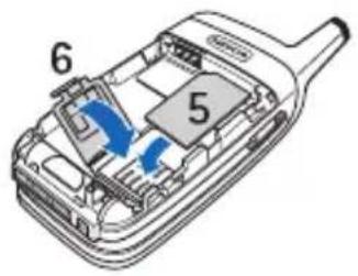 Diagram of a mobile phone casing with numbered parts and blue directional arrows indicating internal components