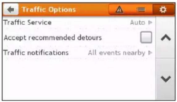 Traffic Options Traffic Service Auto ▶ Accept recommended detours Traffic notifications All events nearby ▶
