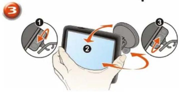 Illustration showing a hand holding a tablet device with three labeled steps (1, 2, 3) indicating step-by-step device rotation or adjustment.