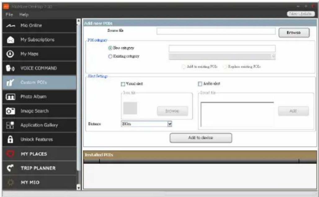MioMore Desktop 7.3D File Help Add new POIs Source file POI category New category Existing category Add to existing POIs Replace existing POIs Alert Settings Visual alert Audio alert User file Search file Distance 200ms Add to device Installed POIs New Updates Browse Add to device
