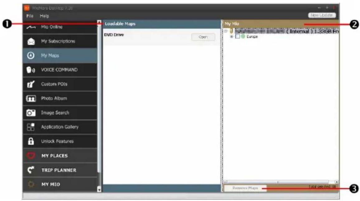 McMoire Desktop 7.36 File Help Mio Online My Subscriptions My Maps VOICE COMMAND Custom POIs Photo Album Image Search Application Gallery Unlock Features MY PLACES TRIP PLANNER MY MIO L foundable Maps DVD Drive Open My Mio (Internal) 1.33GB From Europe Remove Maps Tools saved: 08 New Update