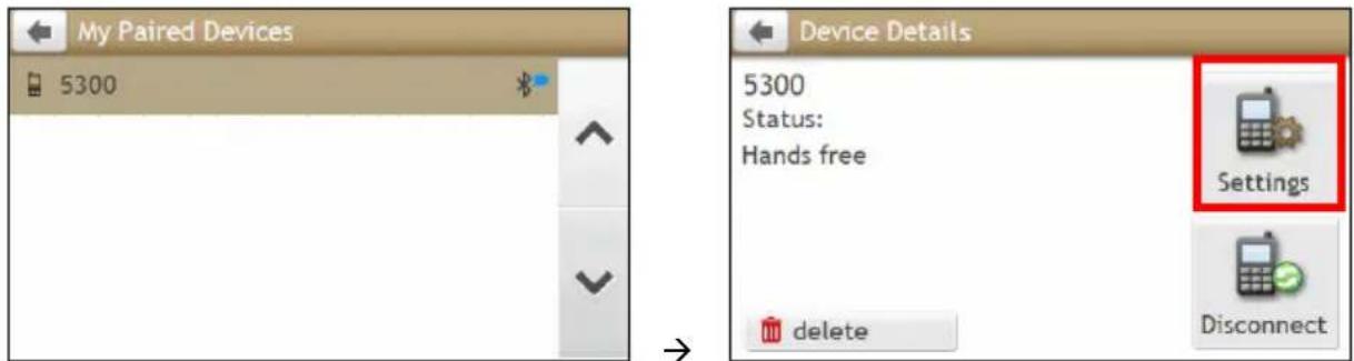 My Paired Devices 5300 Device Details 5300 Status: Hands free Settings delete Disconnect