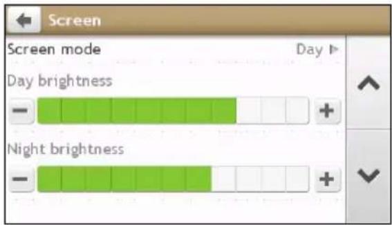 Screen Screen mode Day ▶ Day brightness — + Night brightness — +