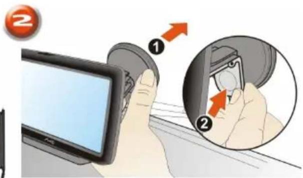 Illustration showing a hand holding a tablet device with two labeled steps (① and ②) indicating step-by-step installation or repair.