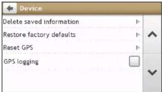 Device Delete saved information Restore factory defaults Reset GPS GPS logging