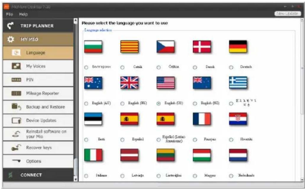 Please select the language you want to use Language selection Bulgariana Catala Cebita Dansk Deutsch Mileage Reporter Backup and Restore Device Updates Reinstall software on your Mio Recover keys Options CONNECT