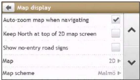 Map display Auto-zoom map when navigating Keep North at top of 2D map screen Show no-entry road signs Map 2D Map scheme Malmö