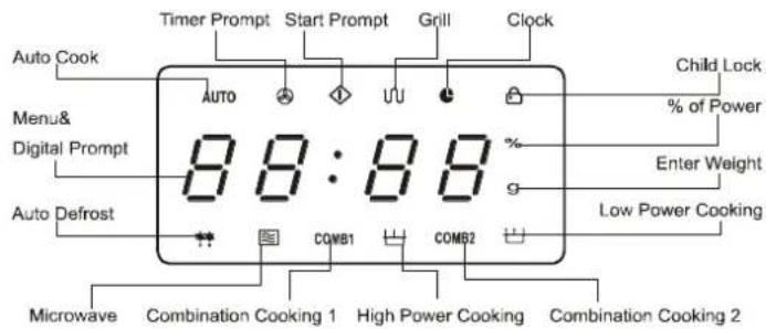 Timer Prompt Start Prompt Grill Clock Auto Cook Auto Menu& Digital Prompt 8:8:8.8 Auto Defrost COMB1 COMB2 Low Power Cooking Microwave Combination Cooking 1 High Power Cooking Combination Cooking 2 Child Lock % of Power Enter Weight