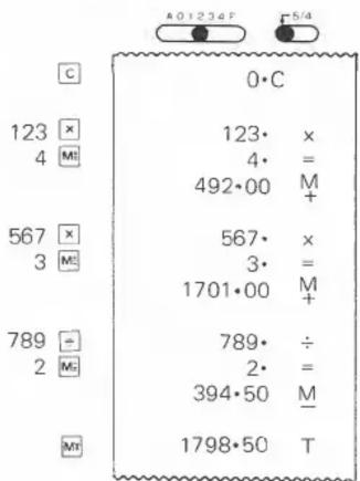 C 123 × 4 Ml 567 × 3 Ml 789 ÷ 2 Ml Ml 0·C 123· x 4· = 492·00 M+ 567· x 3· = 1701·00 M+ 789· ÷ 2· = 394·50 M- 1798·50 T A 0 1 2 3 4 F F 5/4 T