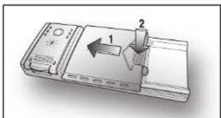Diagram of a device with labeled parts and directional arrow indicating movement or force