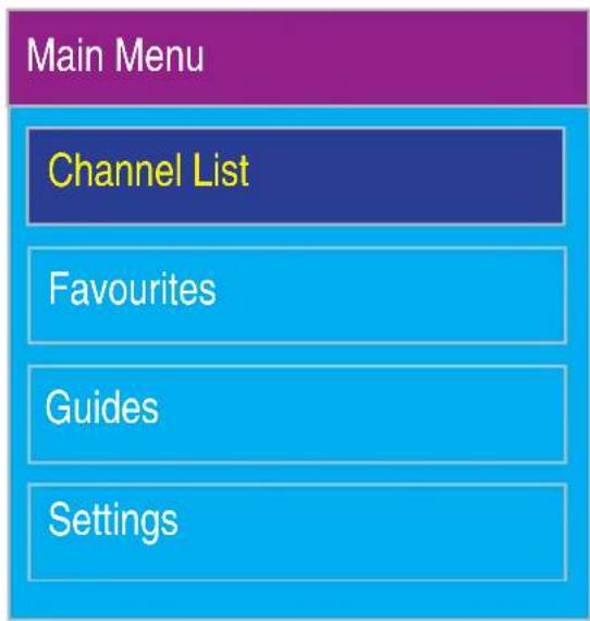 Main Menu Channel List Favourites Guides Settings