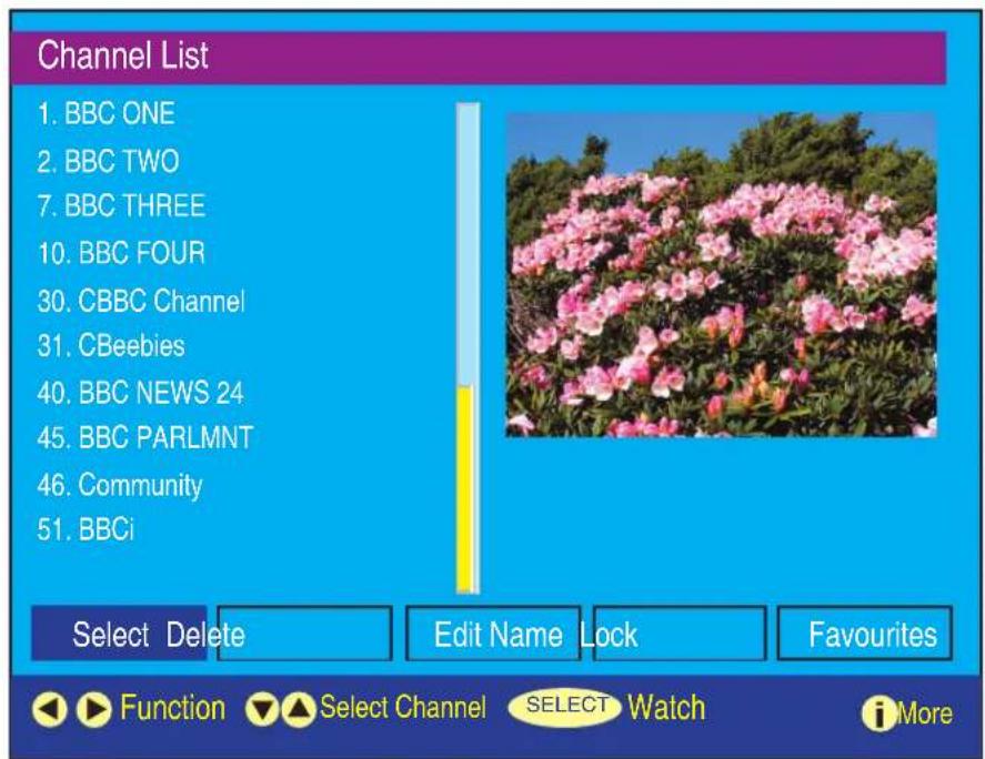 Channel List 1. BBC ONE 2. BBC TWO 7. BBC THREE 10. BBC FOUR 30. CBBC Channel 31. CBeebies 40. BBC NEWS 24 45. BBC PARLMNT 46. Community 51. BBCi Select Delete Edit Name Lock Favourites Function Select Channel SELECT Watch More