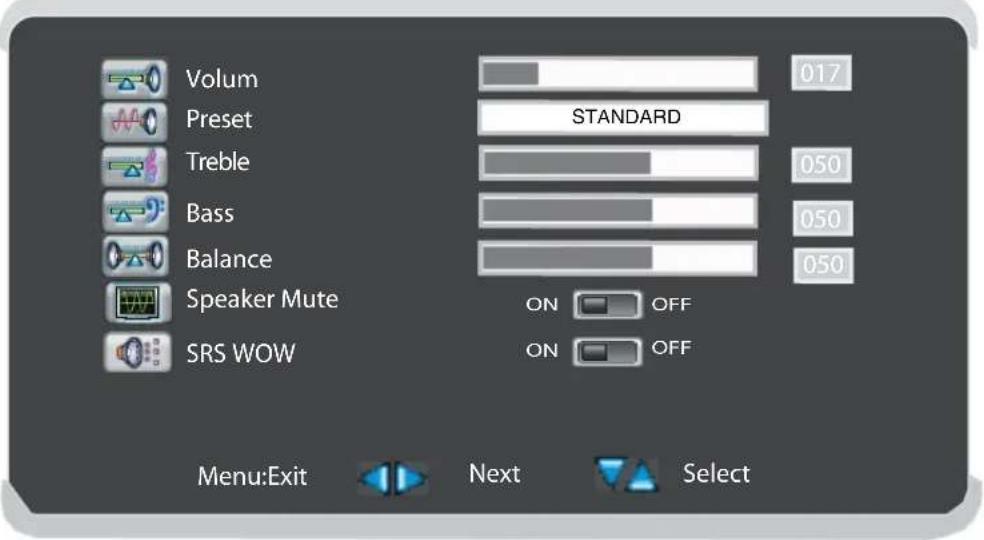 Volum Preset STANDARD Treble 050 Bass 050 Balance 050 Speaker Mute ON OFF SRS WOW ON OFF Menu:Exit Next Select