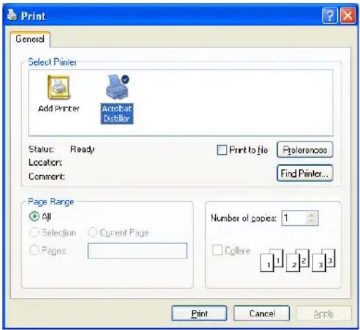Print General Select Printer Add Printer Acrobat Distiller Status: Ready Location: Comment: Print to file Preferences Find Printer... Page Range All Selection Current Page Pages: Number of copies: 1 Collare 1 1 2 3 3 Print Cancel Apply