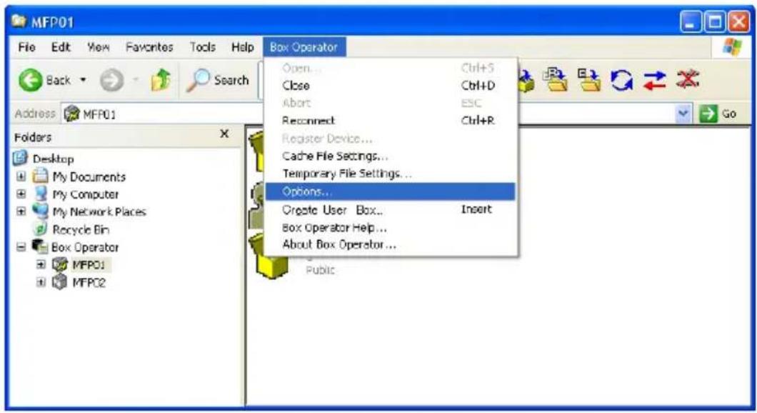 MFP01 File Edit View Favorites Tools Help Back Search Address MFP01 Folders Desktop My Documents My Computer My Network Places Recycle Bin Box Operator MFPO1 MFPO2 Box Operator Open... Ctrl+S Close Ctrl+D Abort ESC Reconnect Ctrl+R Register Device... Cache File Settings... Temporary File Settings...…