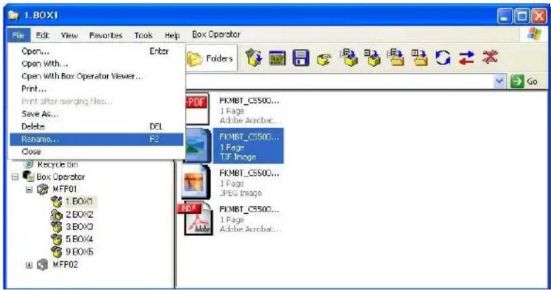 1.BOXI File Edit View Favorites Tools Help Box Operator Open... Enter Open With... Open With Box Operator Viewer... Print... Print after merging files... Save As... Delete DEL Rename... F2 Close Recycle Bin Box Operator MFP01 1.BOX1 2.BOX2 3.BOX3 5.BOX4 9.BOX5 MFP02 FOLERS PDF FKMBT_CS500... 1 Page…