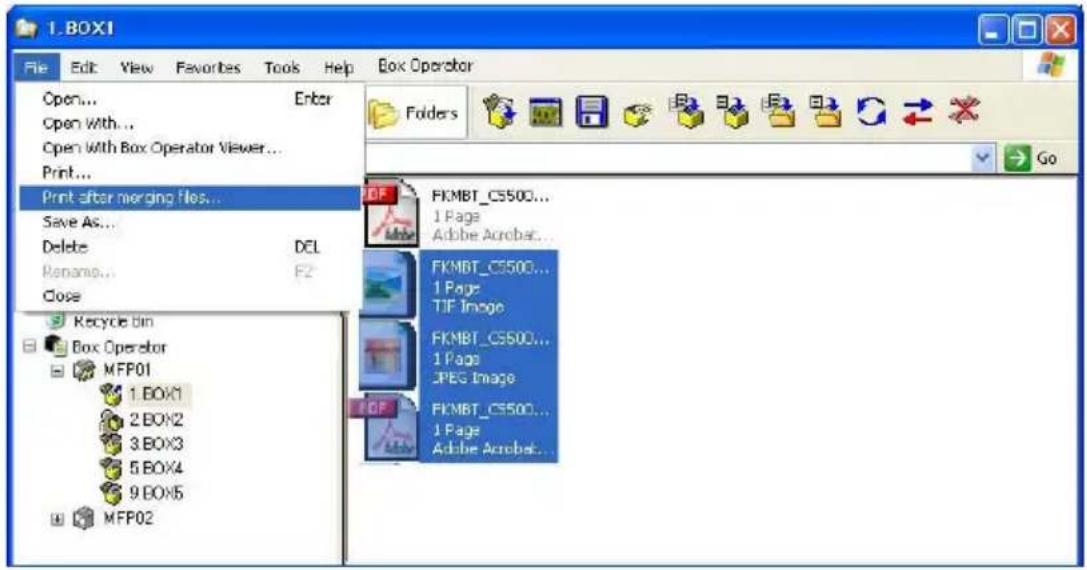 1.BOXI File Edit View Favorites Tools Help Box Operator Open... Enter Open with... Open with Box Operator Viewer... Print... Print after merging files... Save As... Delete DCL Rename... F2 Close Recycle bin Box Operator MFP01 1.BOX1 2.BOX2 3.BOX3 5.BOX4 9.BOX5 MFP02 FCKMBT_CS500... 1 Page Adobe Acro…