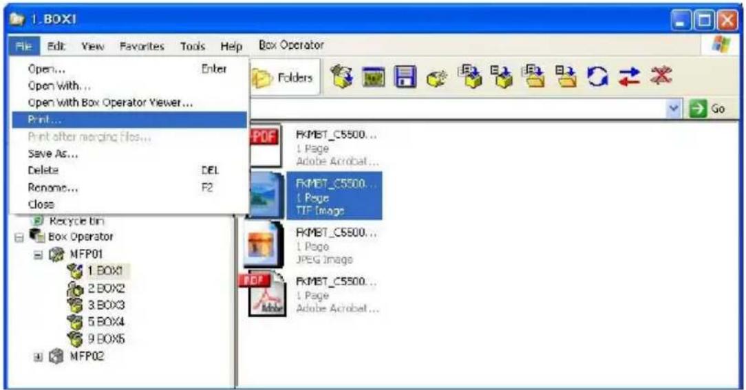 1.BOX1 File Edit View Favorites Tools Help Box Operator Open... Enter Open with... Open with Box Operator Viewer... Print... Print after merging Files... Save As... Delete DEL Rename... F2 Close Recycle Bin Box Operator MFP01 1.BOX1 2.BOX2 3.BOX3 5.BOX4 9.BOX5 MFP02 Folders PKMBT_C5500... 1 Page Ado…