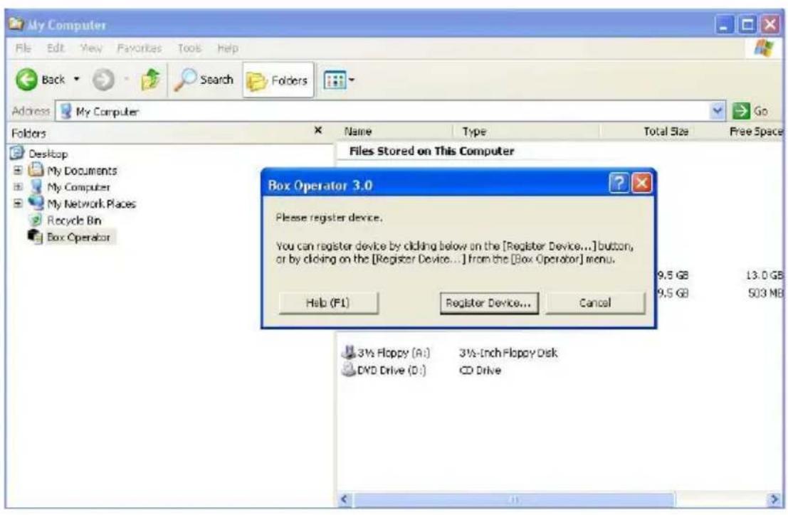 My Computer File Edit View Favorites Tools Help Back Search Folders Address My Computer Go Folders Desktop My Documents My Computer My Network Places Recycle Bin Box Operator Files Stored on This Computer Box Operator 3.0 Please register device. You can register device by clicking below on the [Regi…