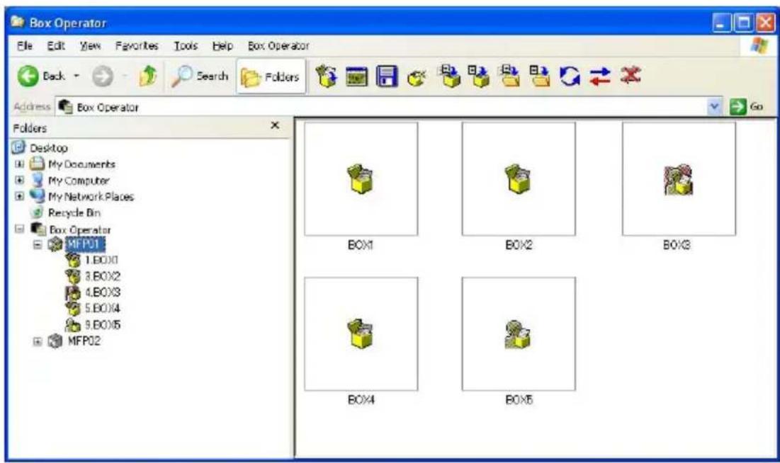 Box Operator File Edit View Favorites Tools Help Box Operator Back Search Folders Address Box Operator Folders Desktop My Documents My Computer My Network Places Recycle Bin Box Operator MFP01 1.BOX0 3.BOX2 4.BOX3 5.BOX4 9.BOX5 MFP02 BOX1 BOX2 BOX3 BOX4 BOX6