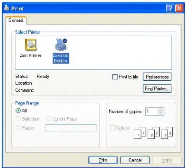 Print General Select Printer Add Printer Acreber Distiller Status: Ready Location: Comment: Print to file Preferences Find Printer... Page Range All Selection Current Page Pages Number of copies: 1 Colate 1 1 2 2 3 3 Print Cancel Apply
