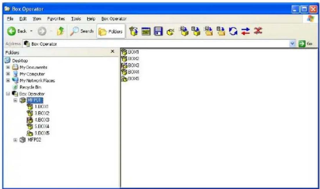 Box Operator File Edit View Favorites Tools Help Box Operator Back Search Folders Address Box Operator Folders Desktop My Documents My Computer My Network Places Recycle Bin Box Operator MFP01 1.BOX0 3.BOX2 4.BOX3 5.BOX4 9.BOX5 MFP02 BOX1 BOX2 BOX3 BOX4 BOX5