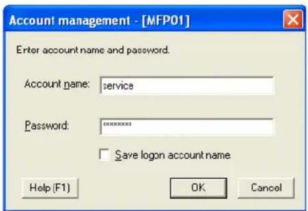 Account management - [MFP01] Enter account name and password. Account name: service Password: ******** Save logon account name Help (F1) OK Cancel