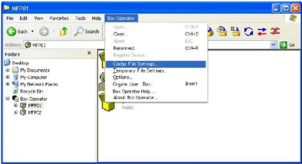 MFP01 File Edit View Favorites Tools Help Back Search Address MFP01 Folders Desktop My Documents My Computer My Network Places Recycle Bin Box Operator MFPO1 MFPC2 Box Operator Open... Ctrl+S Close Ctrl+D Abort ESC Reconnect Ctrl+R Register Device... Cache File Settings... Temporary File Settings...…
