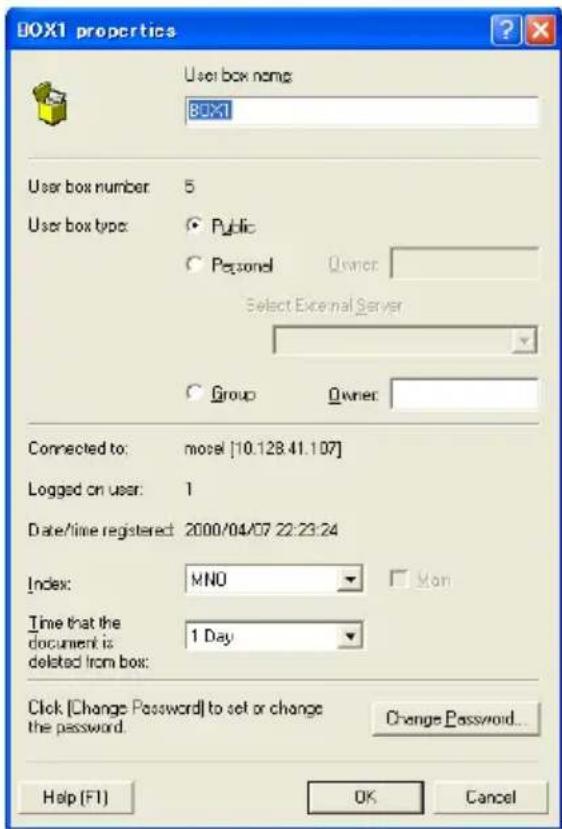 BOX1 properties User box name: BOX1 User box number: 5 User box type: ○ Public ○ Personal Owner: Select External Server ○ Group Owner: Connected to: model [10.128.41.107] Logged on user: 1 Date/time registered: 2000/04/07 22:23:24 Index: MNO □ Mon Time that the document is deleted from box: 1 Day Cl…