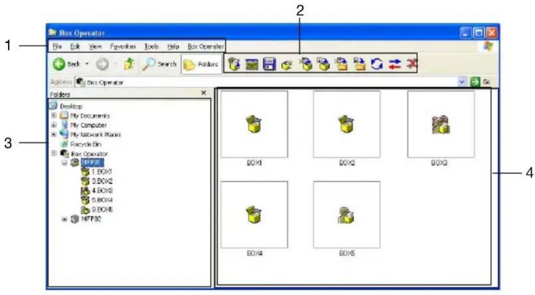 Box Operator File Edit View Favorites Tools Help Box Operator 1 2 3 4 Desktop My Documents My Computer My Network Places Recycle Bin Box Operator MFP01 1.BOX1 3.BOX2 4.BOX3 5.BOX4 9.BOX5 MFP02 BOX1 BOX2 BOX3 BOX4 BOX5