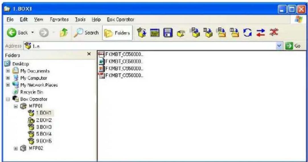 1.BOX1 File Edit View Favorites Tools Help Box Operator Back Search Folders Address 1.6 Go Folders Desktop My Documents My Computer My Network Places Recycle Bin Box Operator MFP01 1.BOX1 2.BOX2 3.BOX3 5.BOX4 9.BOX5 MFP02 FKMBT_C50000.. FKMBT_C50000.. FKMBT_C50000.. FKMBT_C50000..