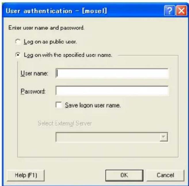 User authentication - [mosel] Enter user name and password. Log on as public user. Log on with the specified user name. User name: Password: Save logon user name. Select External Server Help (F1) OK Cancel