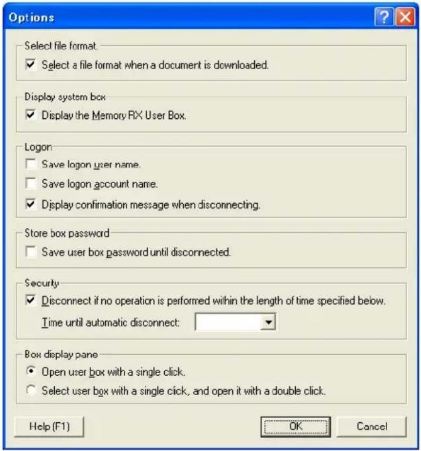 Options Select file format. ✓ Select a file format when a document is downloaded. Display system box ✓ Display the Memory RX User Box. Logon ☐ Save logon user name. ☐ Save logon account name. ✓ Display confirmation message when disconnecting. Store box password ☐ Save user box password until disconn…