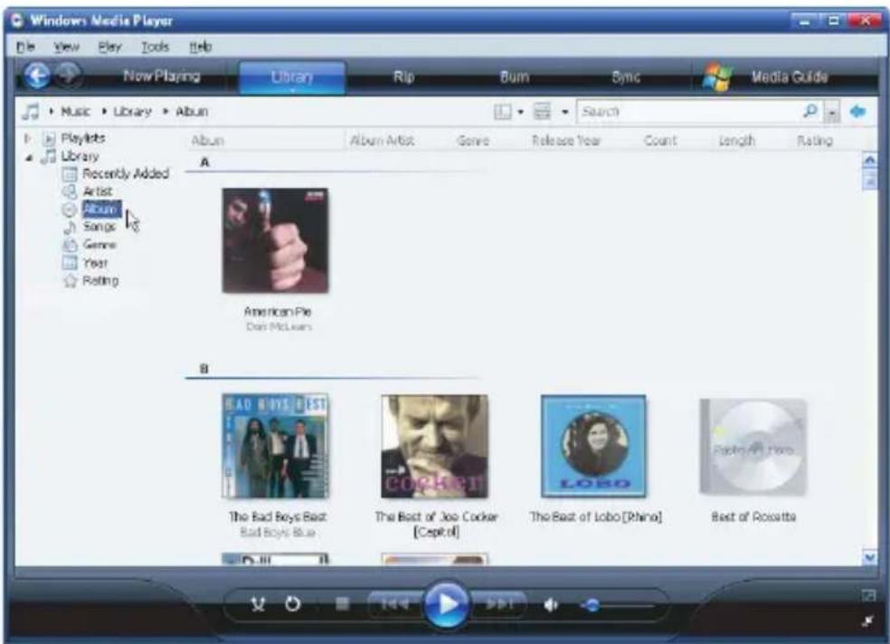Windows Media Player File View Play Tools Help Now Playing Library Rip Burn Sync Media Guide Music Library Album Playlists Library Recently Added Artist Album Songs Genre Year Rolling Album Album Artist Genre Release Year Count Length Rating A American Pie Don McLean B The Bad Boys Best Bad Boys Blue The Best of Joe Cooker [Capital] The Best of Lobo [Rhino] Best of Rossetta