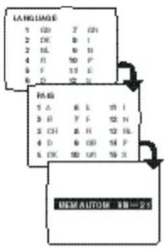 LANGUAGE 1 GB 7 GB 2 DC B I 3 HL B H 4 R 50 P 5 F 15 E 6 D 12 H FORMAT 1 A B C D E F G H 3 H Y F H H 2 CH B H 12 IL 4 D B 00 M P 5 DC 00 U 19 X DEM AUTO 18=21