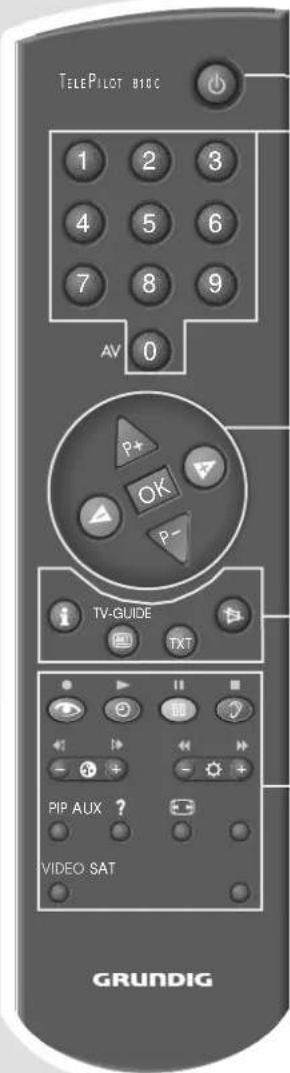 TELEPILOT BIRC 1 2 3 4 5 6 7 8 9 AV 0 P+ OK P- TV-GUIDE TXT PIP AUX ? VIDEO SAT GRUNDIG