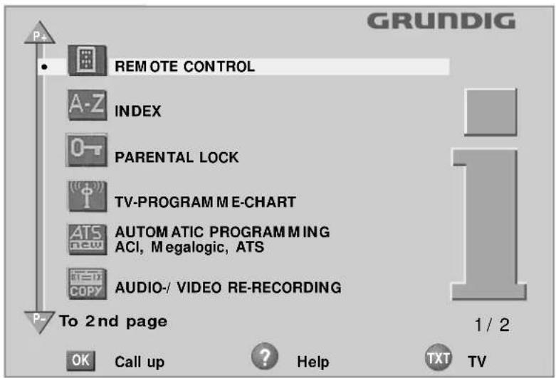 GRUNDIG P+ REMOTE CONTROL A-Z INDEX 0T PARENTAL LOCK TV-PROGRAM ME-CHART ATS new AUTOMATIC PROGRAMMING ACI, Megalogic, ATS AUDIO-/VIDEO RE-RECORDING To 2nd page 1 / 2 OK Call up ? Help TXT TV