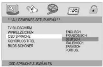 ** ALLGEMEINES SETUP-MENU ** TV BILDSCHIRM WINKELZEICHEN OSD SPRACHE GEHÖRLOS TITEL BILDS.SCHONER ENGLISH FRANZÖSISCH DEUTSCH ITALIENISCH SPANISCH PORTUG. OSD-SPRACHE AUSWÄHLEN