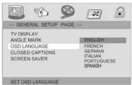 -- GENERAL SETUP PAGE -- TV DISPLAY ANGLE MARK OSD LANGUAGE CLOSED CAPTIONS SCREEN SAVER ENGLISH FRENCH GERMAN ITALIAN PORTUGUESE SPANISH SET OSD LANGUAGE