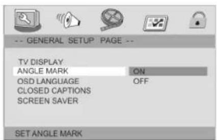 -- GENERAL SETUP PAGE -- TV DISPLAY ANGLE MARK ON OSD LANGUAGE OFF CLOSED CAPTIONS SCREEN SAVER SET ANGLE MARK