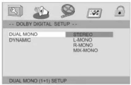 -- DOLBY DIGITAL SETUP -- DUAL MONO STEREO DYNAMIC L-MONO R-MONO MIX-MONO DUAL MONO (1+1) SETUP
