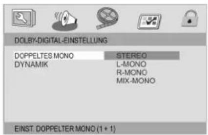 DOLBY-DIGITAL-EINSTELLUNG DOPPELTES MONO STEREO DYNAMIK L-MONO R-MONO MIX-MONO EINST. DOPPELTER MONO (1 + 1)