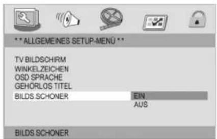 ***ALLGEMEINES SETUP-MENU ** TV BILDSCHIRM WINKELZEICHEN OSD SPRACHE GEHORLOS TITEL BILDS.SCHONER EIN AUS BILDS.SCHONER