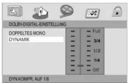 DOLBY-DIGITAL-EINSTELLUNG DOPPELTES MONO DYNAMIK Full 3/4 1/2 1/4 Off DYN.KOMPR. AUF 1/8
