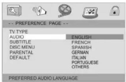 -- PREFERENCE PAGE -- TV TYPE AUDIO ENGLISH SUBTITLE FRENCH DISC MENU SPANISH PARENTAL GERMAN DEFAULT ITALIAN PORTUGUESE Others PREFERRED AUDIO LANGUAGE