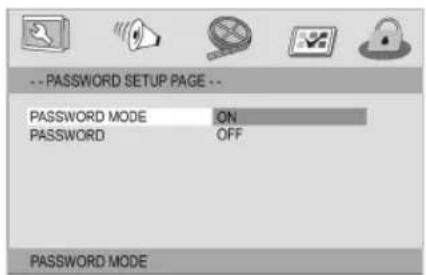 -- PASSWORD SETUP PAGE -- PASSWORD MODE ON PASSWORD OFF PASSWORD MODE