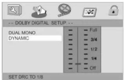 DOLBY DIGITAL SETUP DUAL MONO DYNAMIC Full 3/4 1/2 1/4 Off SET DRC TO 1/8