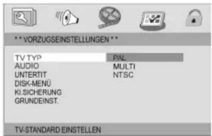 VORZUGSEINSTELLUNGEN TV TYP PAL AUDIO MULTI UNTERTIT NTSC DISK-MENÜ KI.SICHERUNG GRUNDEINST. TV-STANDARD EINSTELLEN