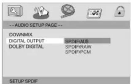 -- AUDIO SETUP PAGE -- DOWNMIX DIGITAL OUTPUT SPDIF/AUS DOLBY DIGITAL SPDIF/RAW SPDIF/PCM SETUP SPDIF